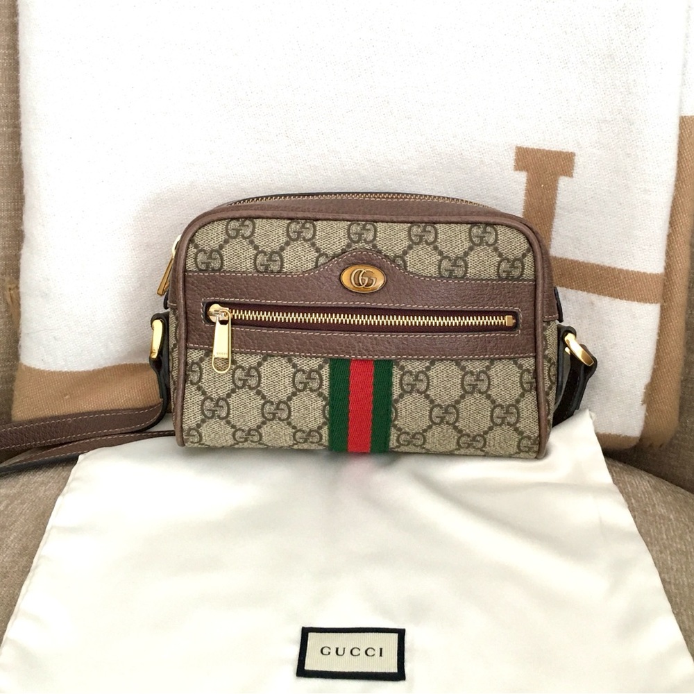 Gucci Brown and Beige Crossbody Bag with Green and Red Stripe